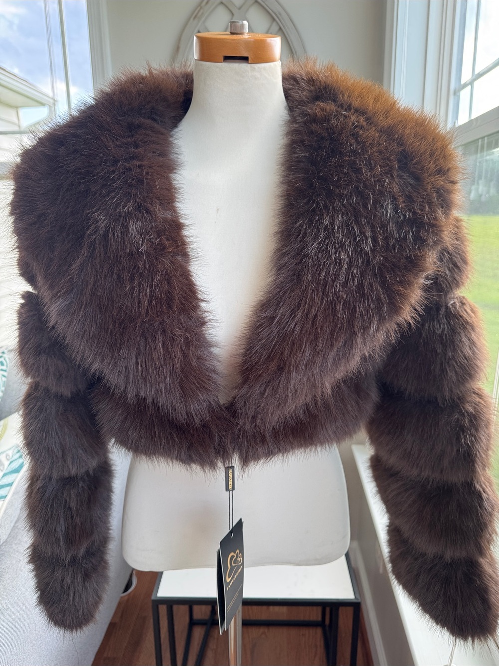 Fanpuguizhen Dark Espresso Brown Faux Fur Cropped bolero Shrug Jacket size L NWT - Picture 4 of 9